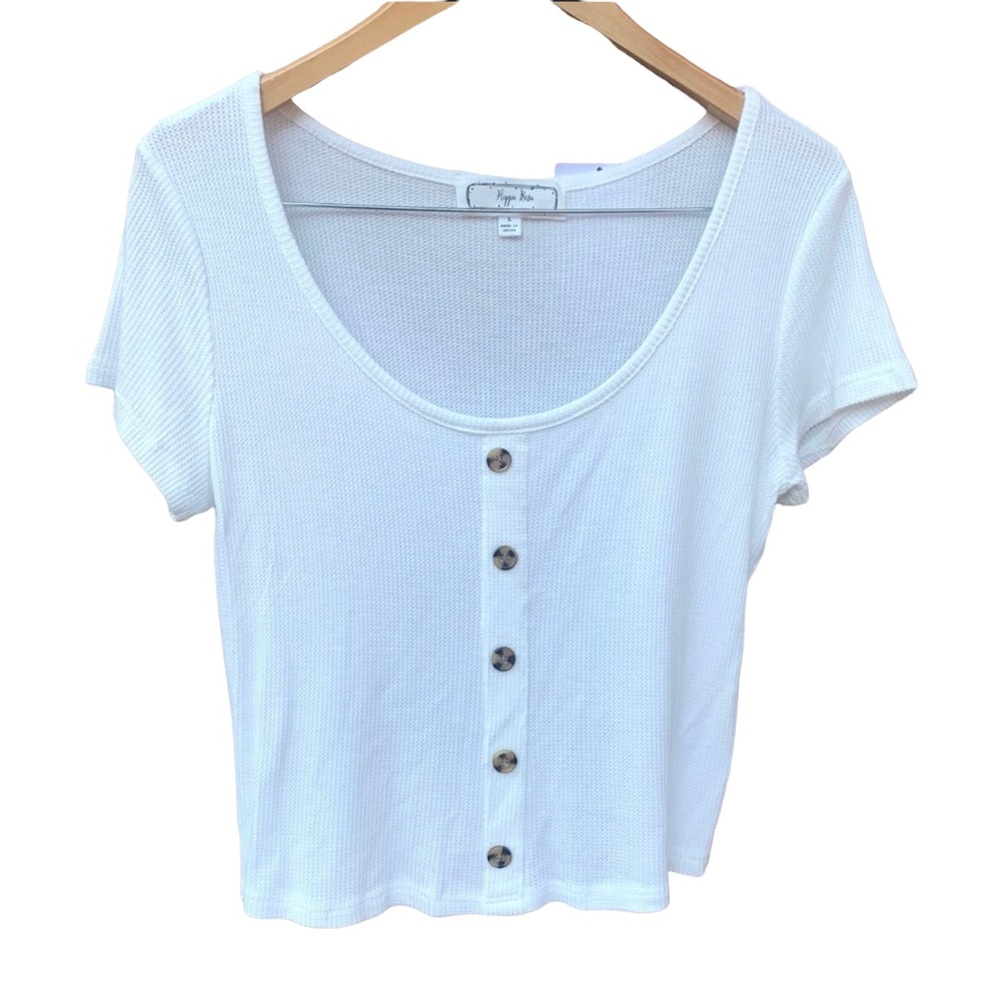 Hippie Rose White Scoop Neck Faux Button Cropped Top Size Large